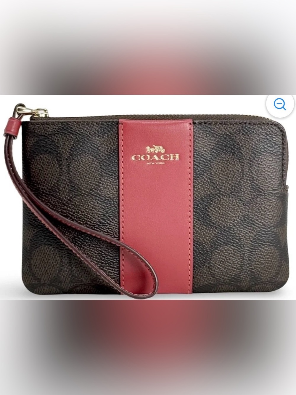 Coach Brown Signature Wristlet with Burgundy Accent